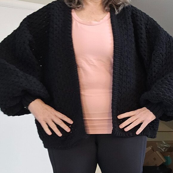 Crochet Knit Handmade Black Cardigan Sweater Balloon Sleeve Cottagecore O/S - Picture 11 of 12